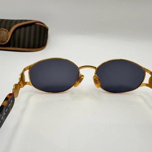 Fendi FS 261 Vintage Gold Oval Sunglasses Blue Lens Tortoise Italy w/ Case - Picture 6 of 10